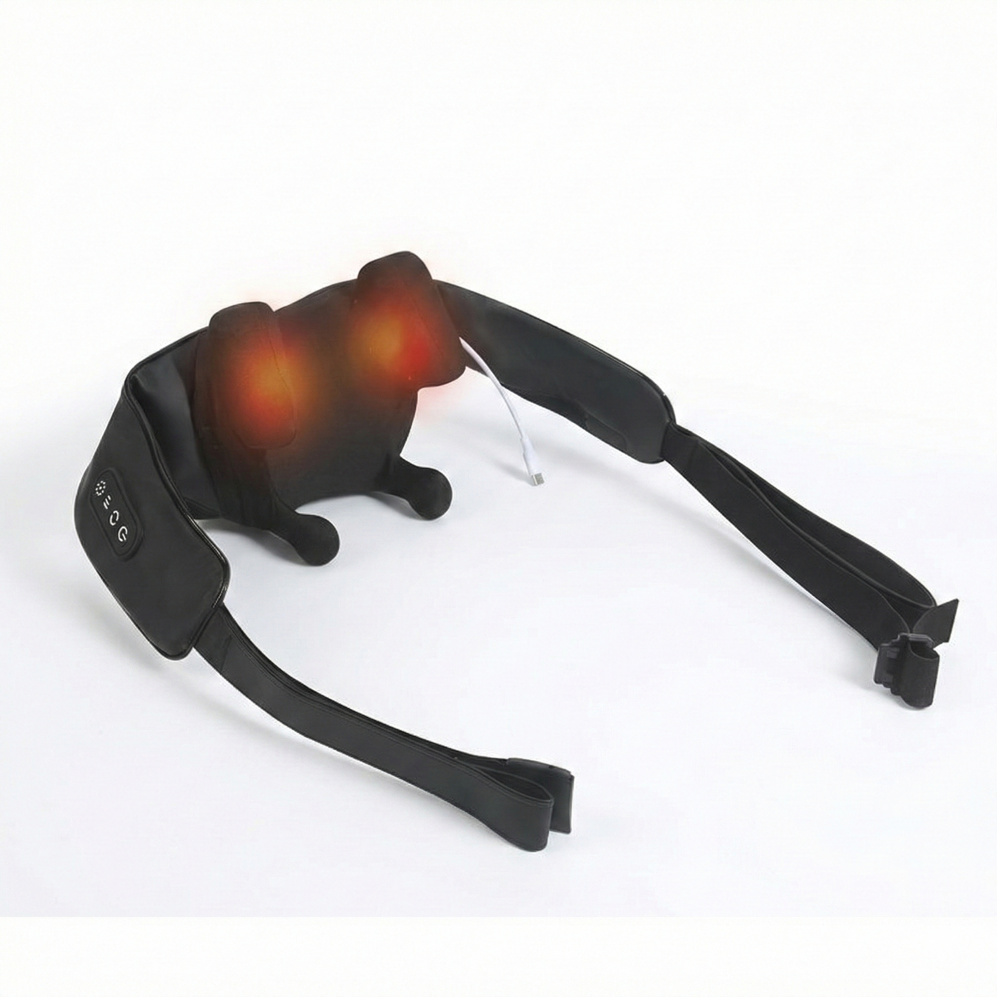 Rear view of the Zenora neck massager featuring skin-friendly breathable mesh fabric and adjustable heavy-duty straps for a custom fit.