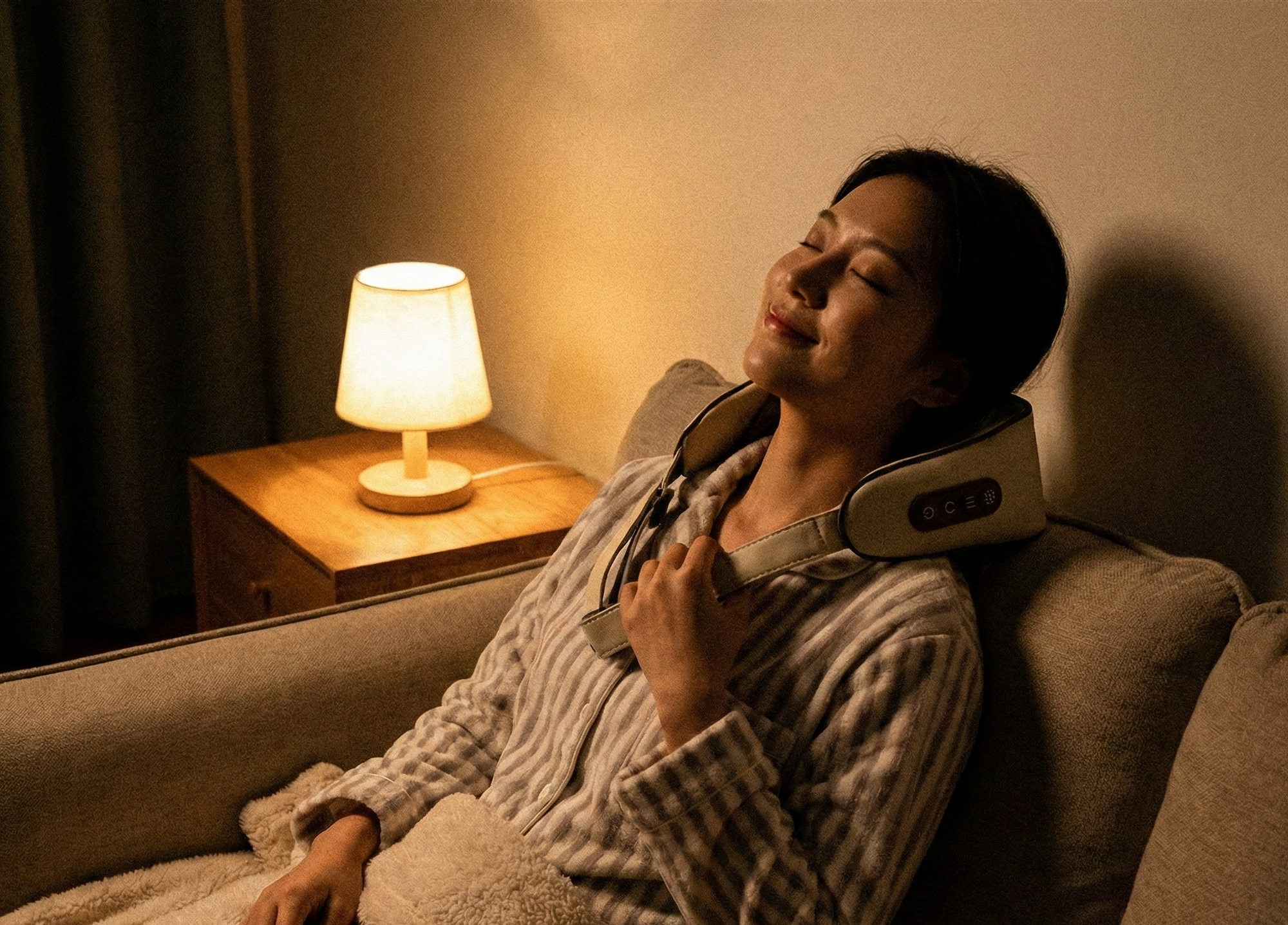Senior woman reading a book while enjoying a relaxing shiatsu neck massage on a sofa.