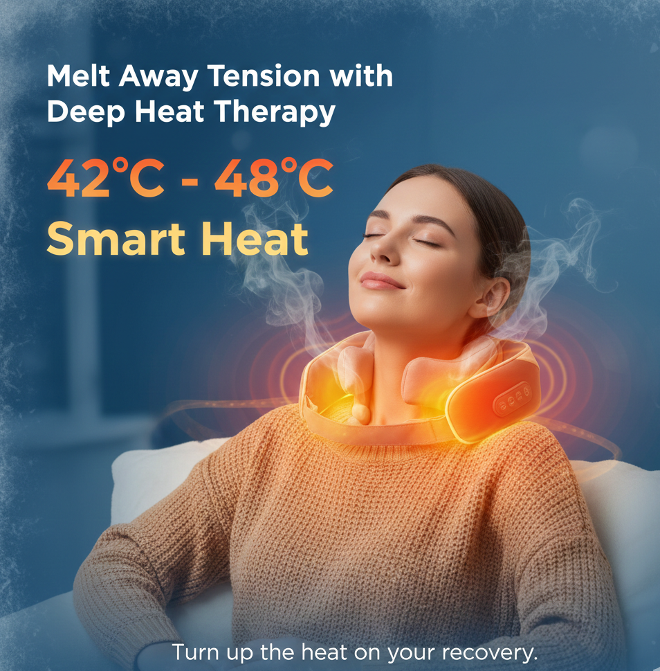 Woman using a neck massager with text about deep heat therapy on a blue background