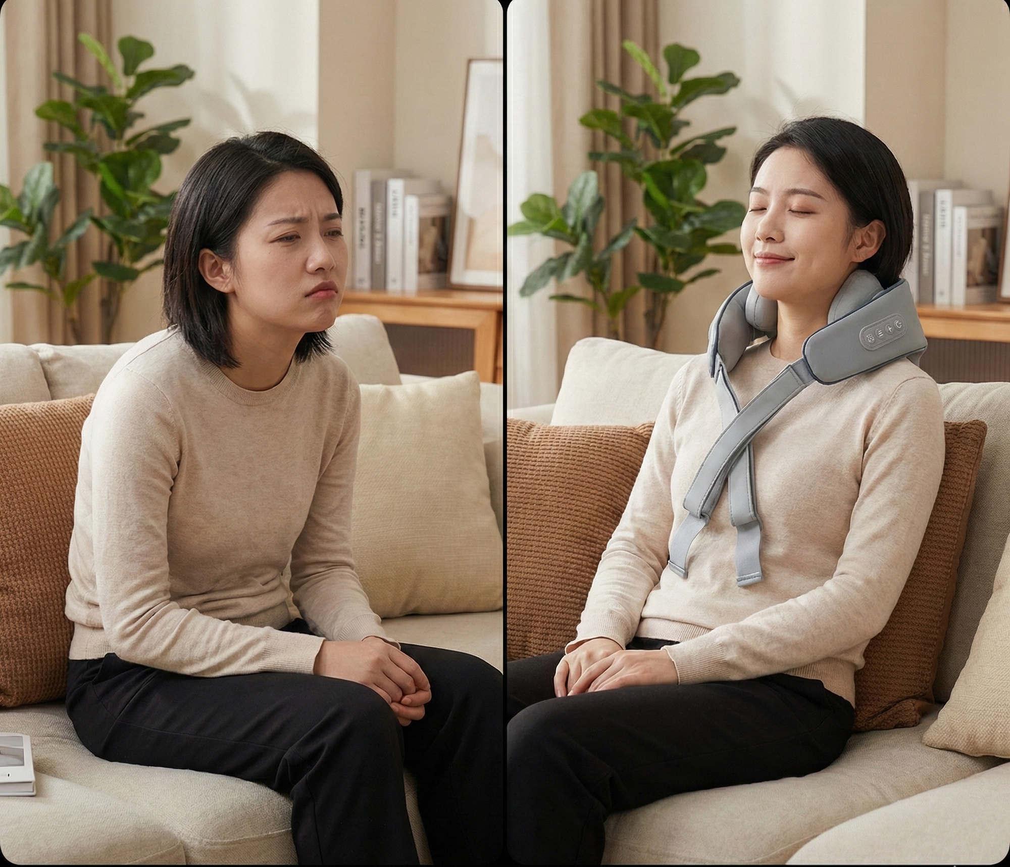 Before and after comparison of a woman using a neck massager on a couch.