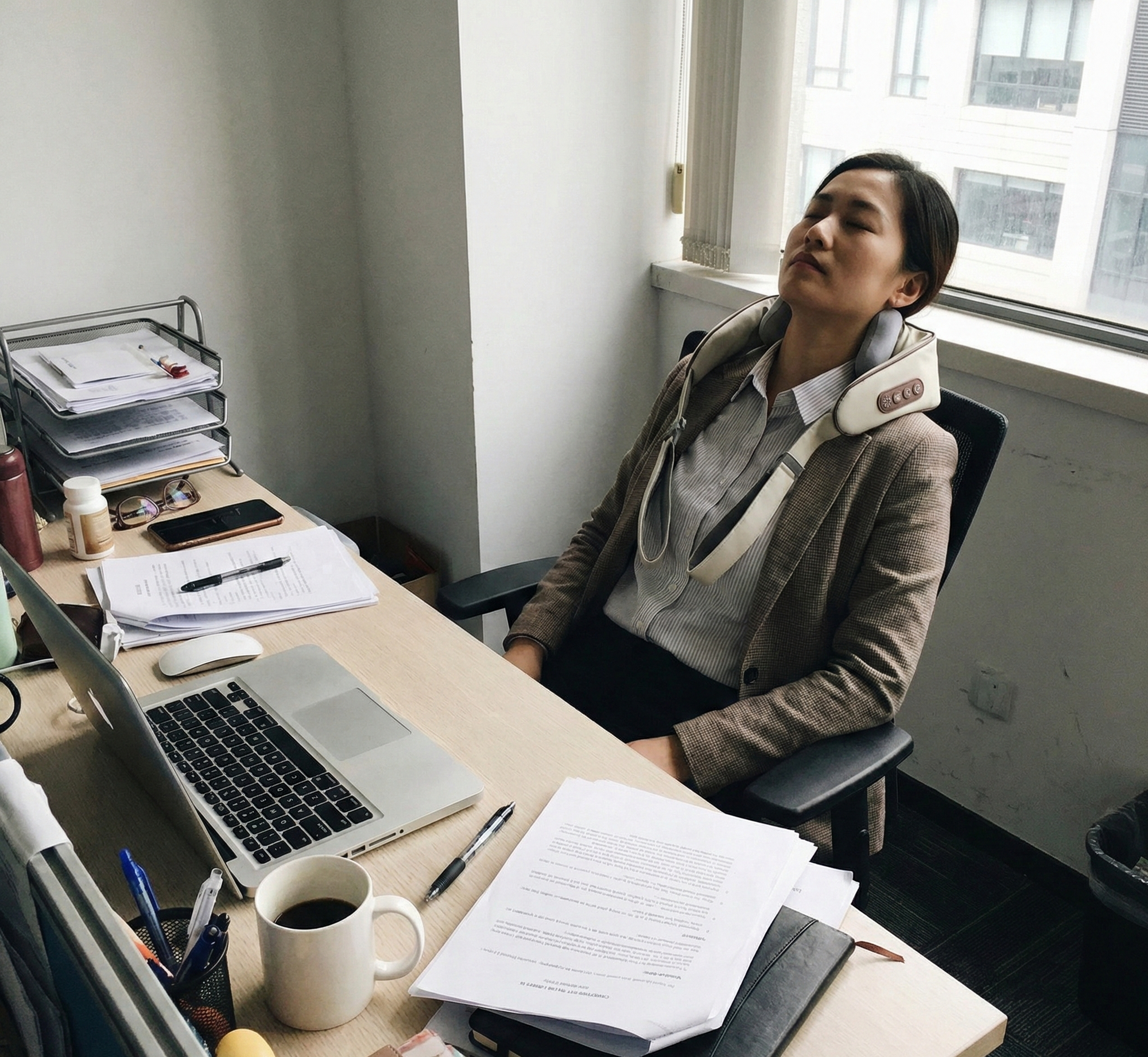 Office worker using a Zenora neck massager at her desk to relieve work-related neck strain.