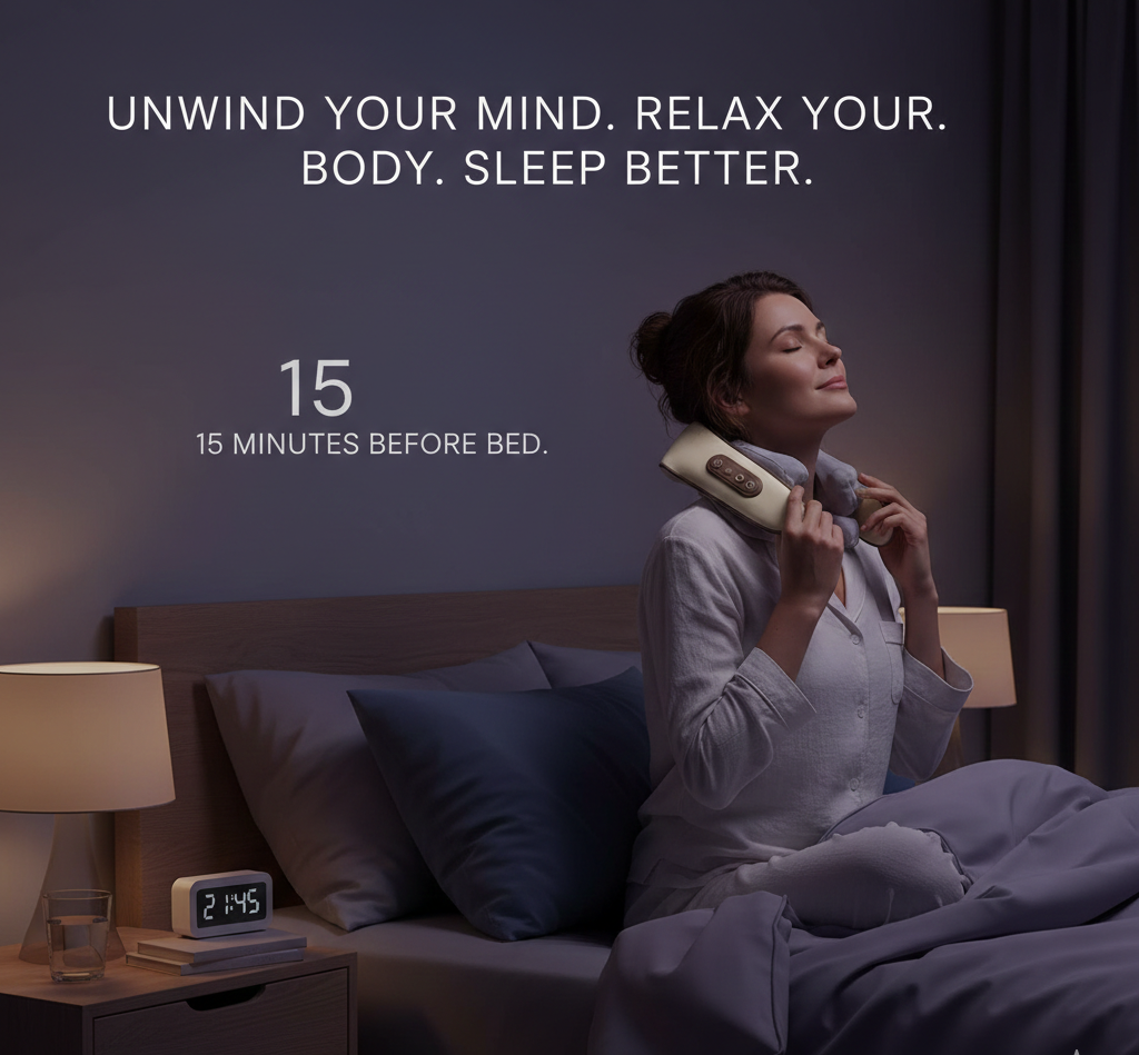 Woman using a neck massager with text promoting relaxation and better sleep.