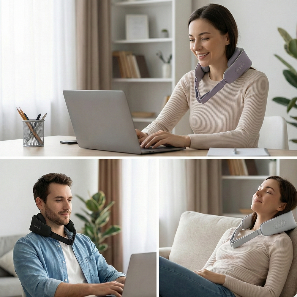 Close-up of control buttons on neck massager strap showing power, heat, direction, and speed settings.