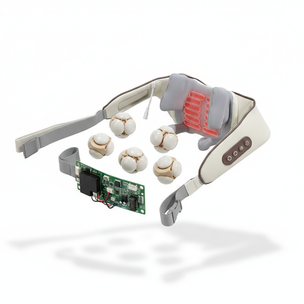 Exploded view of the Zenora Milky White neck massager, displaying the internal six-node Shiatsu mechanism and infrared physiotherapy components.