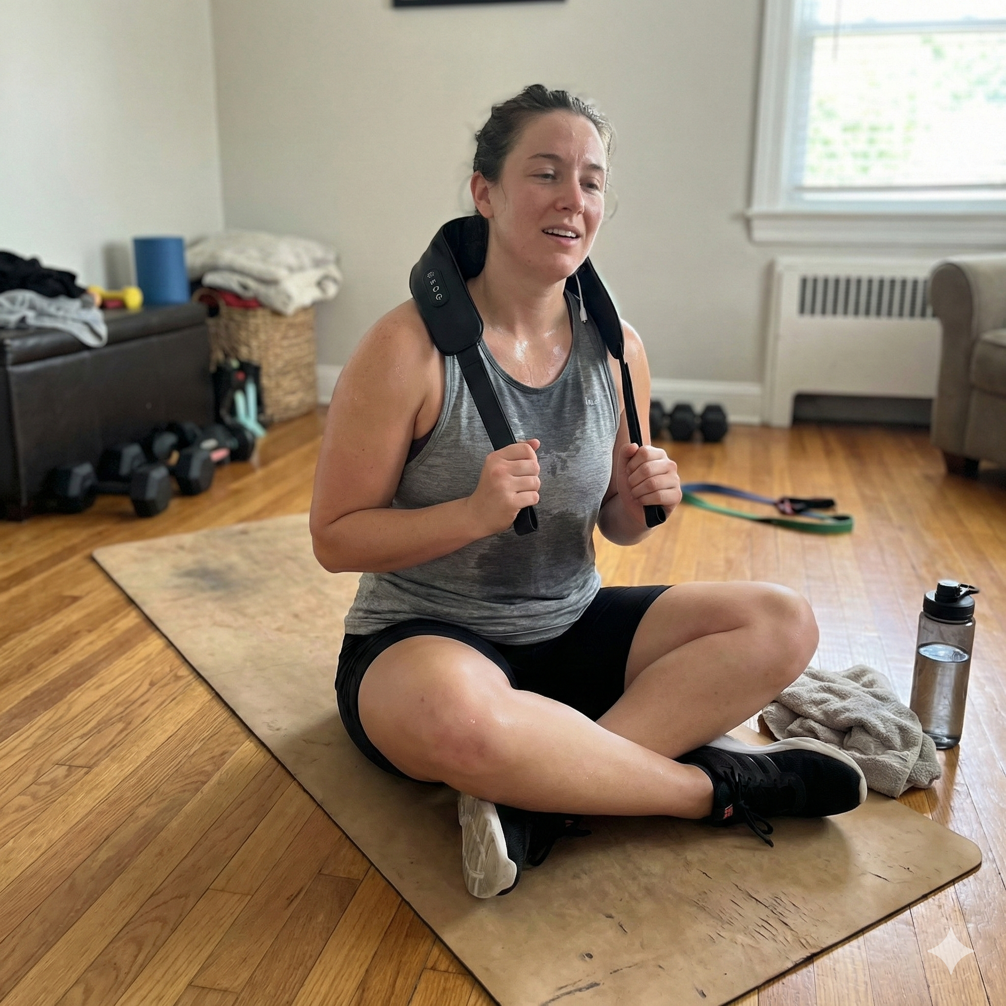 Premium grey neck massager with heat therapy being used by a woman relaxing at home.