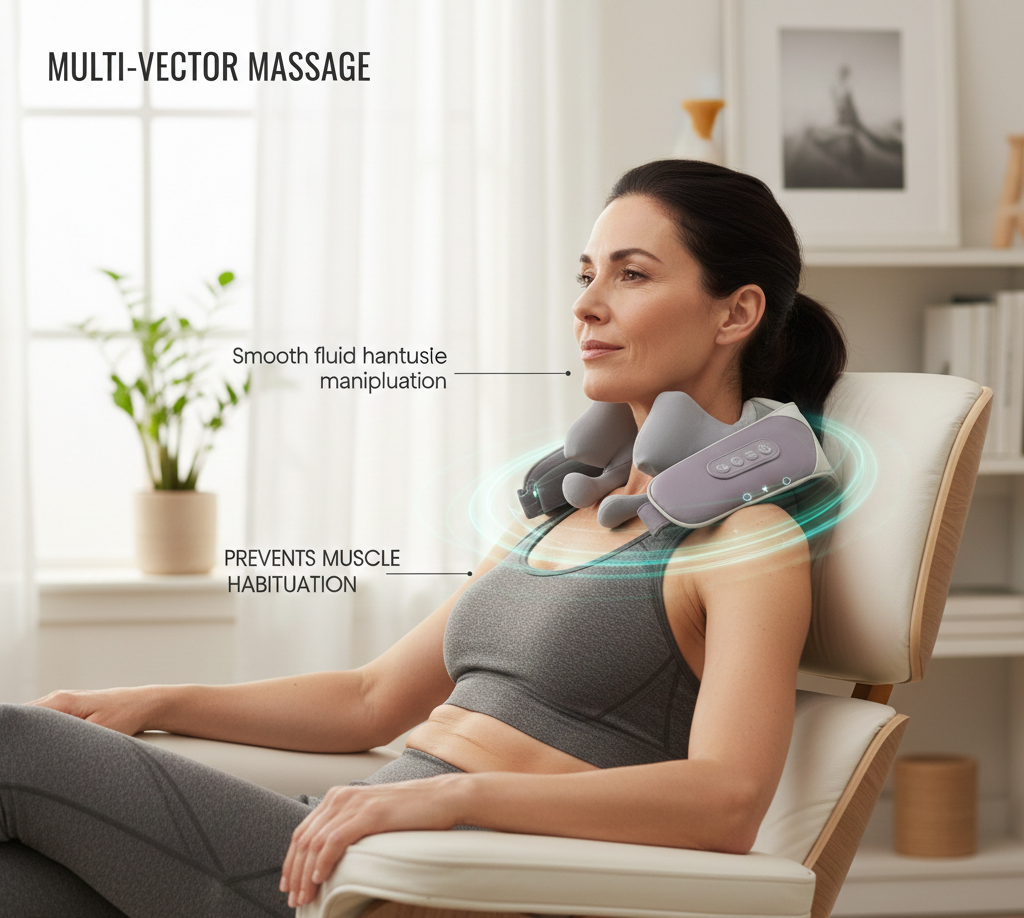 Woman using a neck massager in a home setting with text highlighting features.