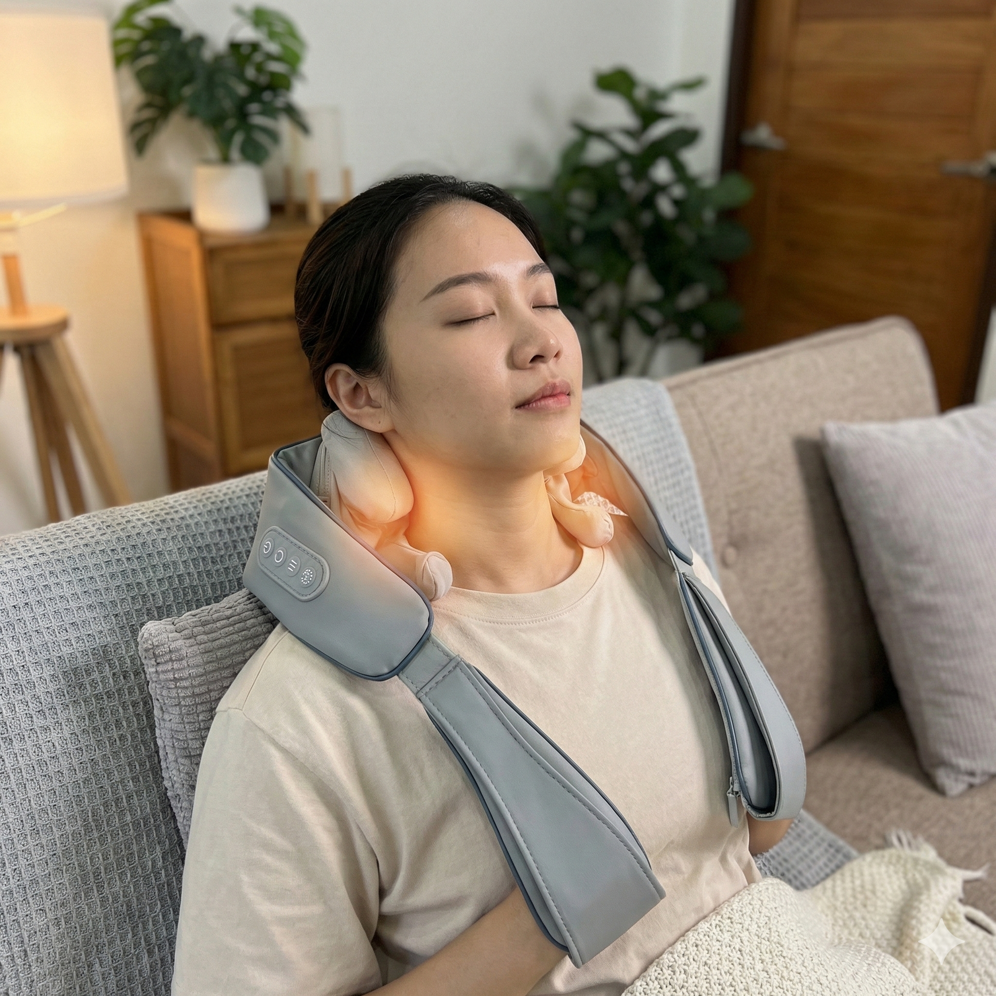 Athlete using a portable deep tissue massager on a yoga mat for post-workout muscle recovery.