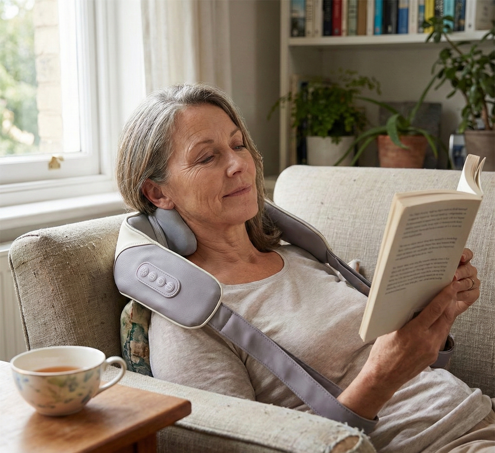 Before and after comparison of a woman feeling neck tension vs. relief using a portable massager.