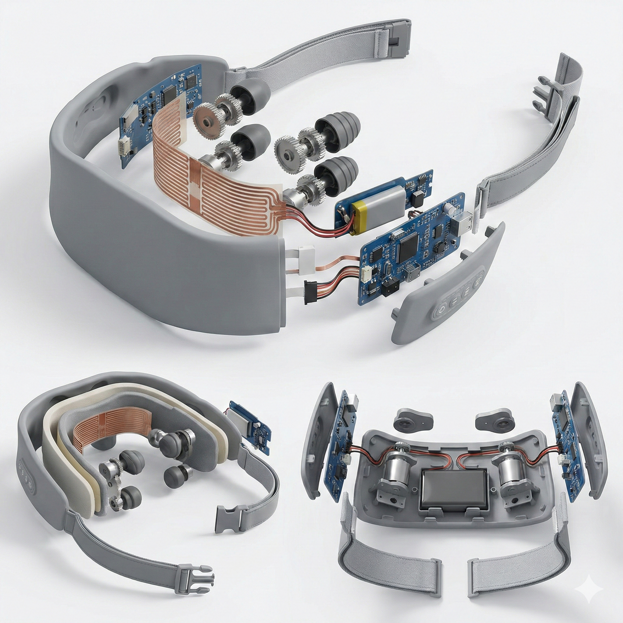 Internal mechanical view of the Zenora Deep Tissue Massager, detailing the precision gear system and dual-motor assembly for targeted neck recovery.