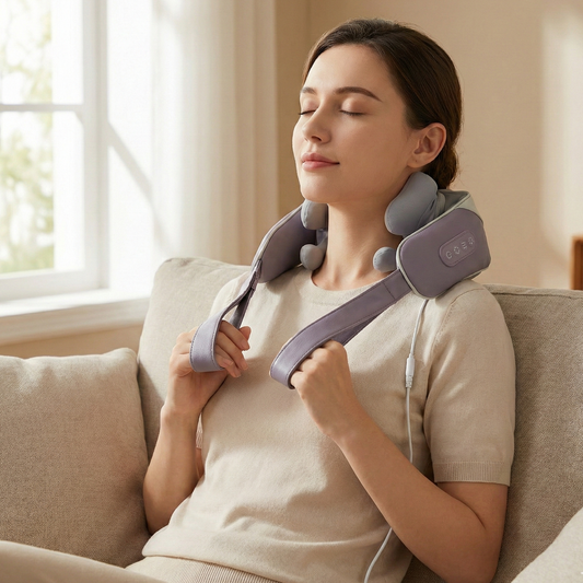 Woman holding beige wireless neck massager shawl, showing premium leather texture.