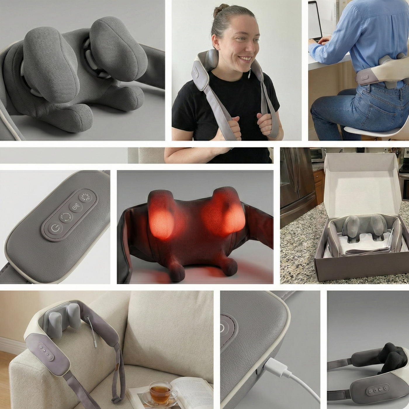 Collage of a neck and shoulder massager in various settings with close-up shots.