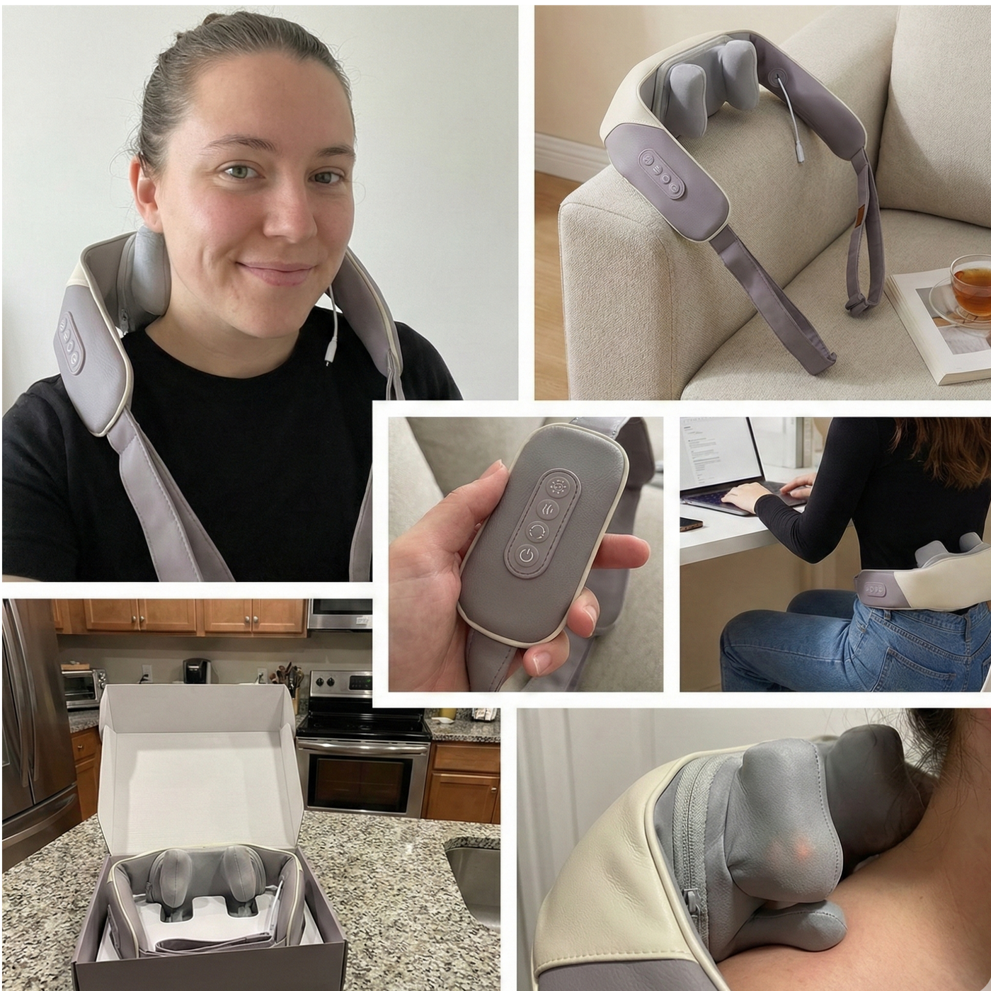 Collage of a neck and shoulder massager in various settings with a person using it.
