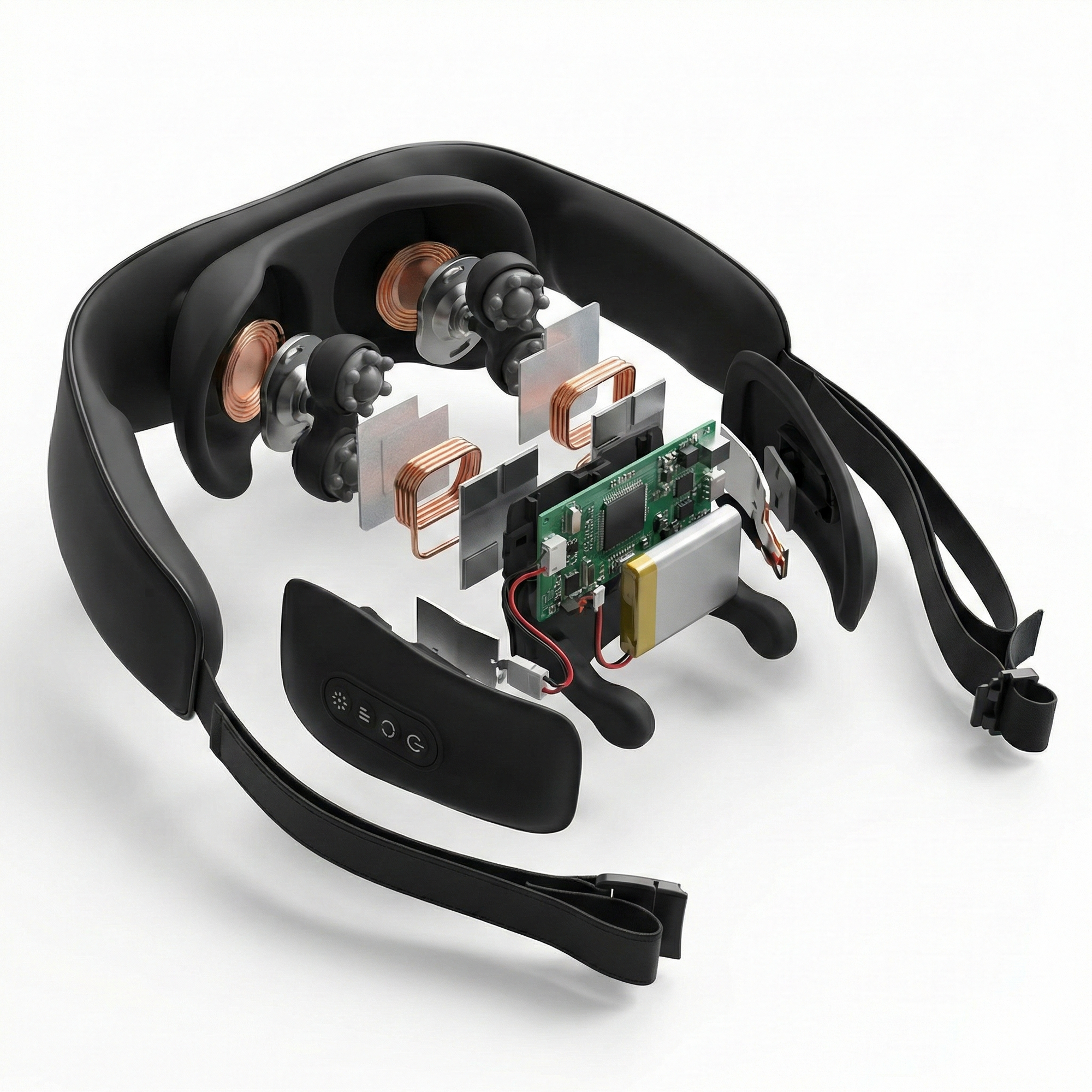 Technical schematic of the Zenora Black edition, highlighting the high-conductivity copper heating coils and long-lasting battery unit for chronic pain relief.