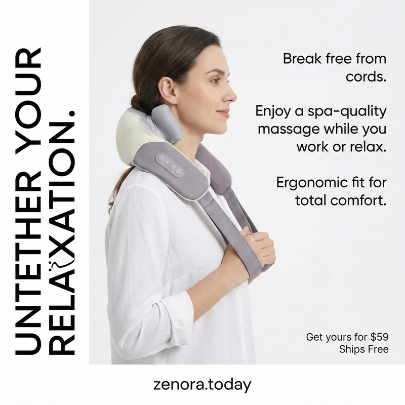 Woman using a neck and shoulder massager with promotional text on a white background