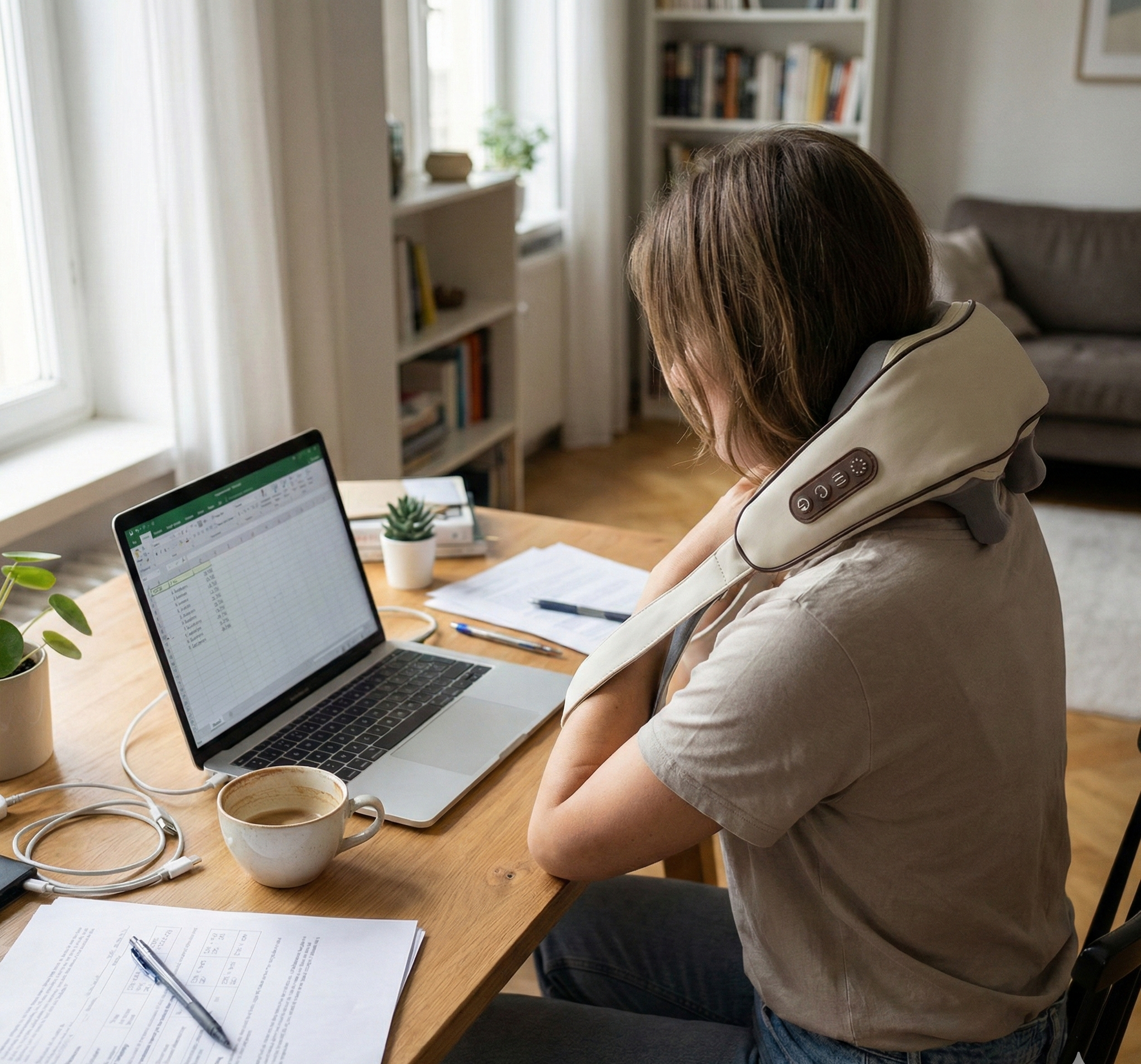 Person using a neck massager while working at a desk with a laptop and coffee.