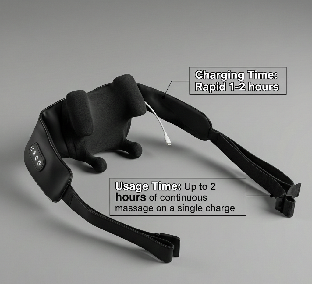 Black headband with charging and usage time information on a gray background