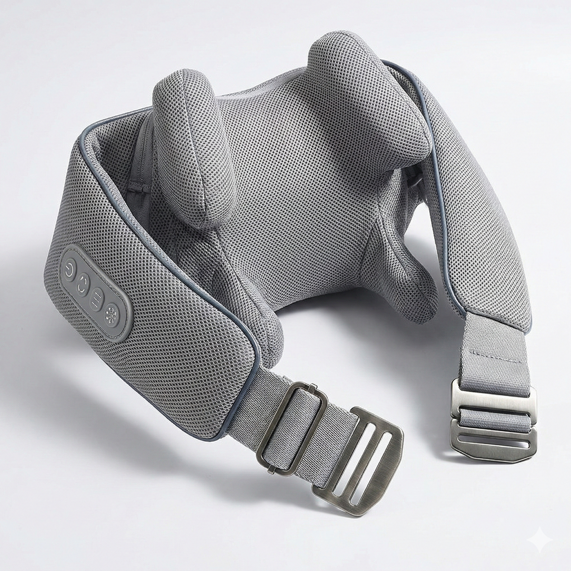 Detailed parts breakdown of the Zenora ergonomic neck massager, showing the breathable foam layers, electronic control board, and durable outer shell.