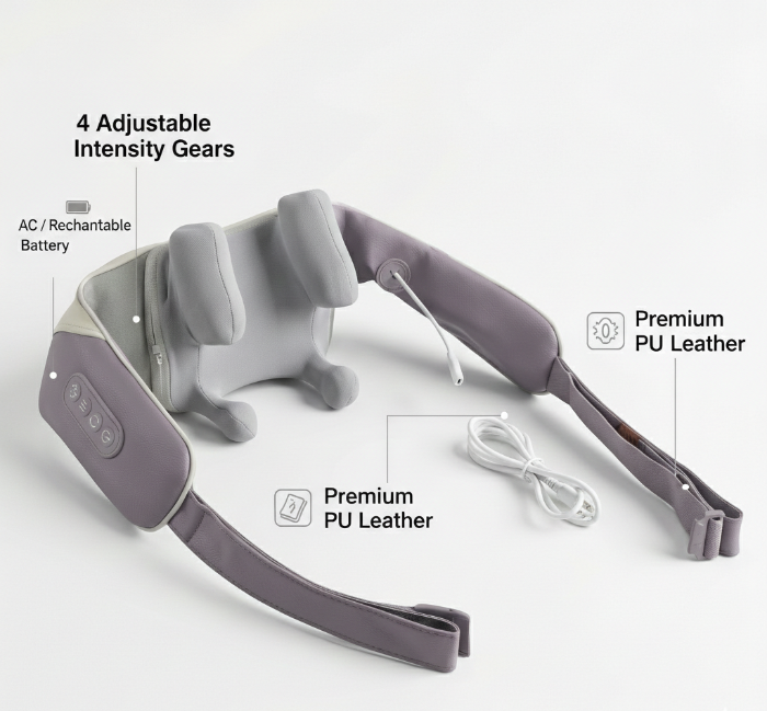 Gray neck massager with features highlighted on a white background