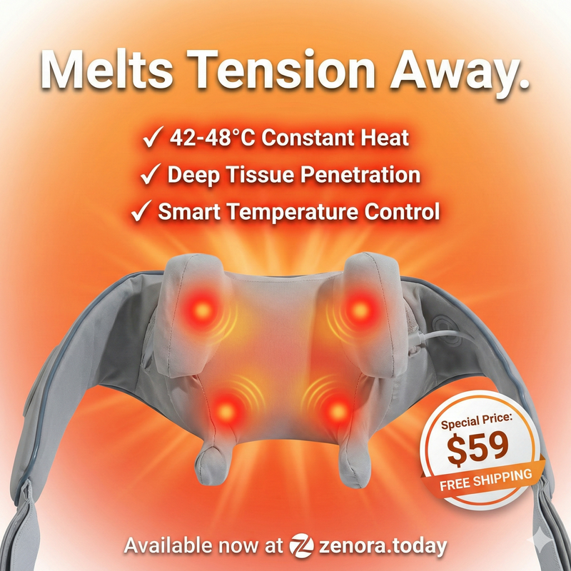 Back massager with glowing red lights on an orange background, featuring text about its benefits and price.