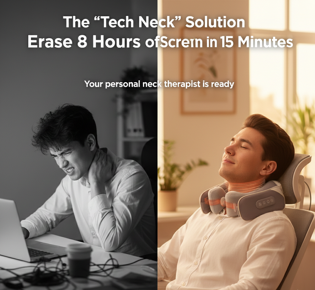 Person with neck pain using a neck massager, before and after effect shown.