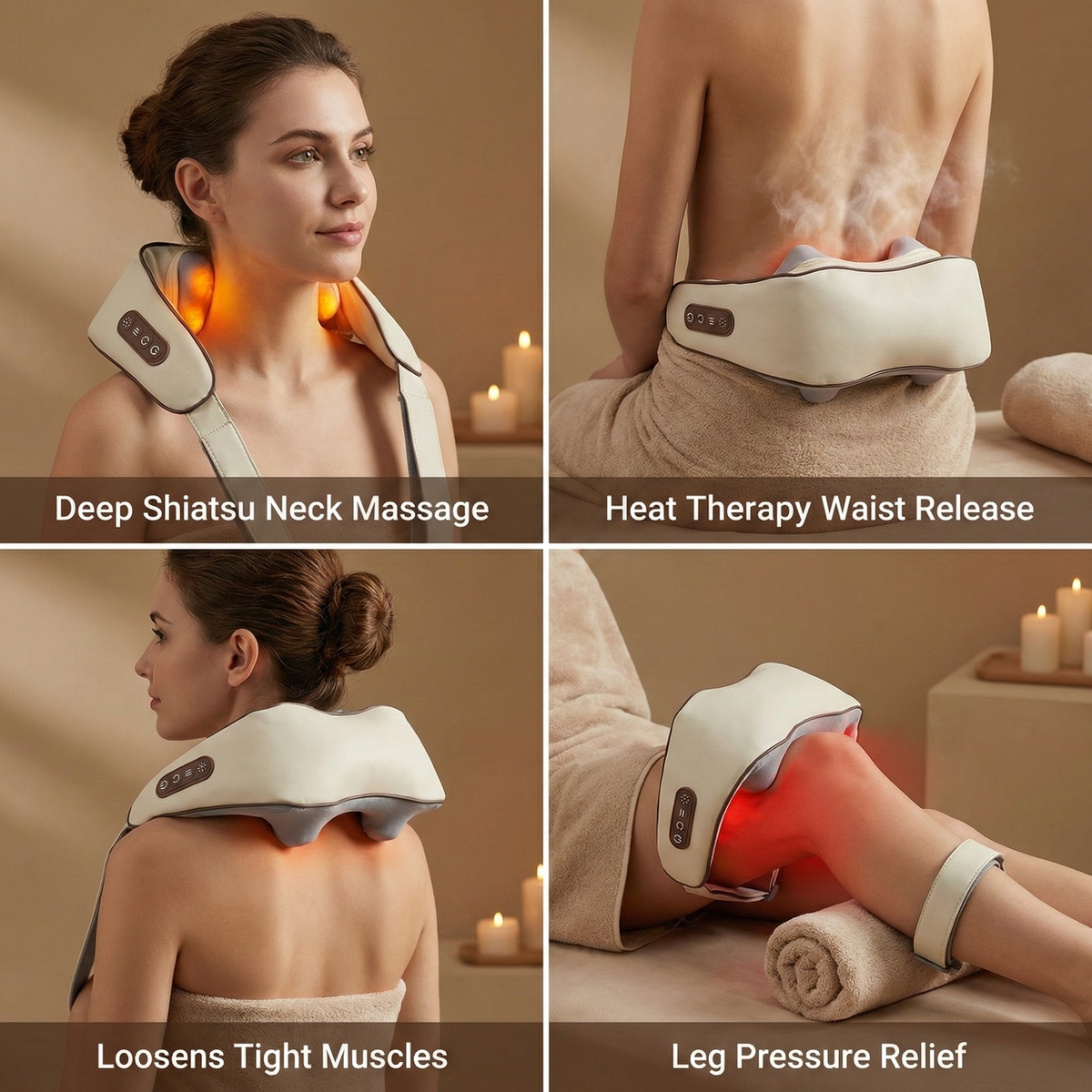 Massage device being used on neck, back, shoulders, and legs with text labels.