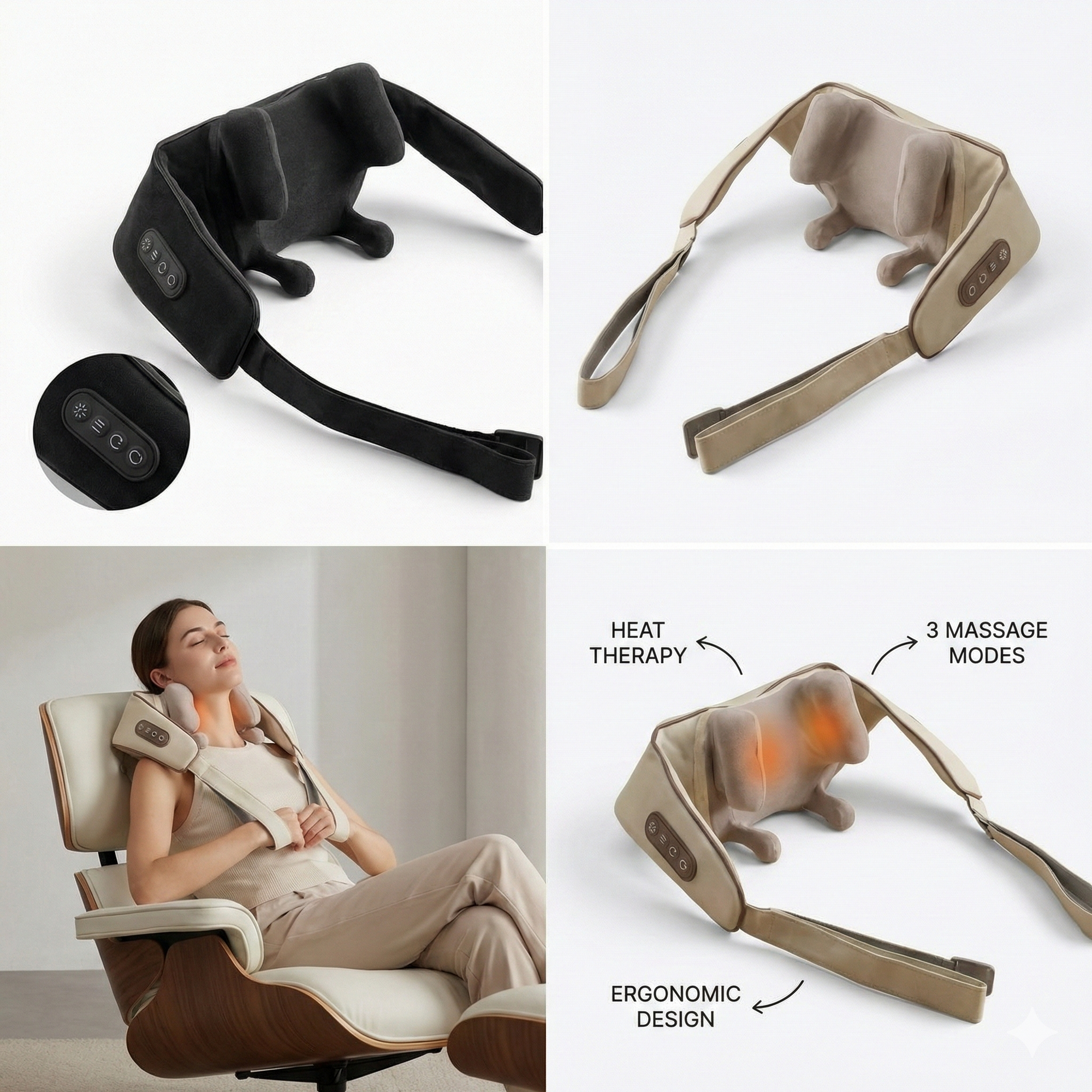 Woman relaxing in a chair using a beige heated neck massager for deep tissue relief.