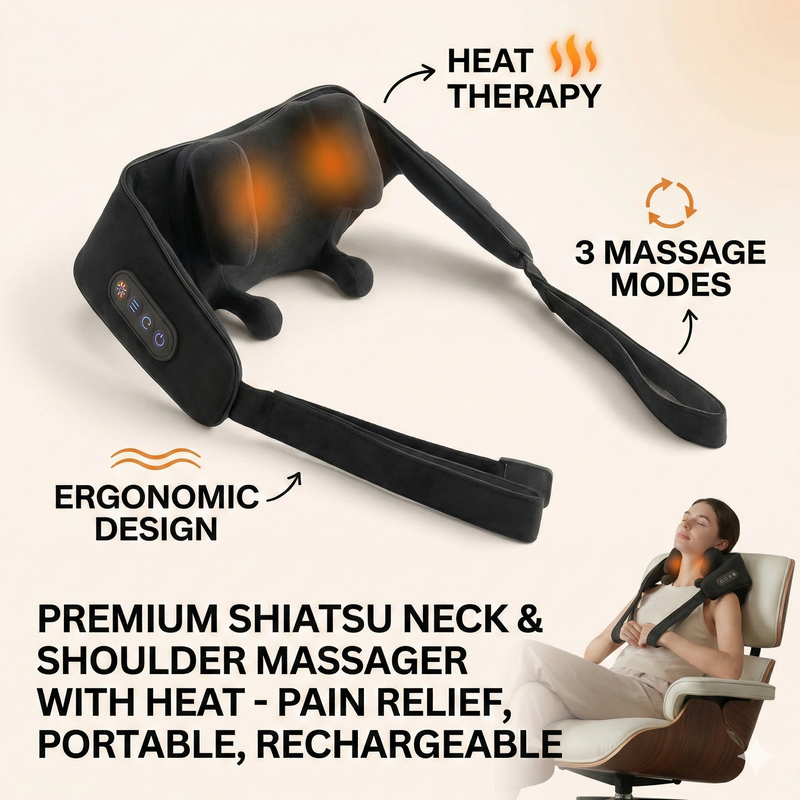 remium Shiatsu neck and shoulder massager with heat therapy, featuring ergonomic arm loops and black velvet finish.