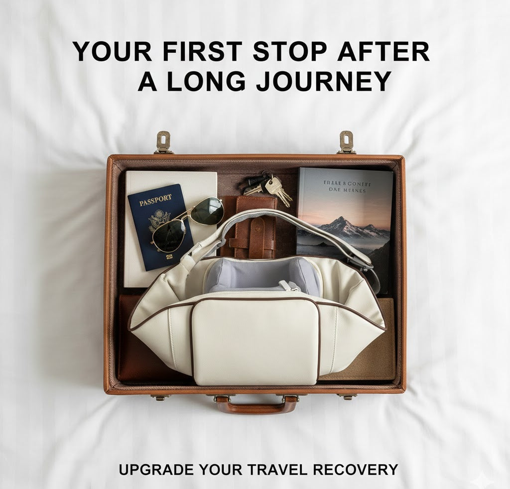 Open suitcase with travel items including a handbag, passport, and sunglasses on a white background.